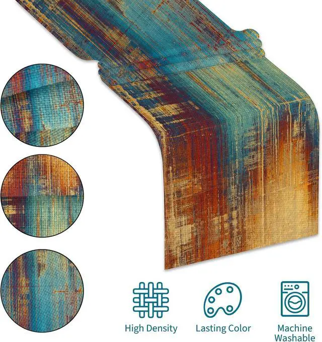 Alt view image 5 of 7 - Small Table Runner Vintage Abstract Blue and Orange Table Runner Messy Rust Painting Farmhouse Coffee Table Runners for Kitchen Dining Table Home Decor 36"