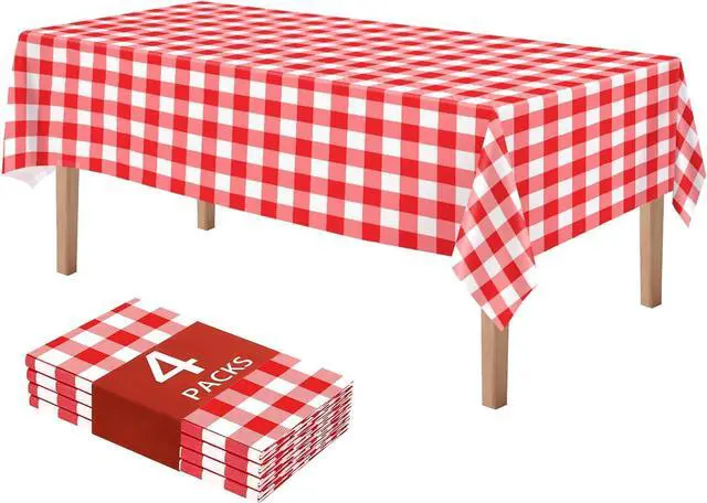 Main image of DaiUni 4 Pack Red and White Gingham Tablecloths Disposable, 54x108 Inch | Checkered Plastic Tablecloth, Waterproof Plaid Picnic Table Cover for Birthday Party, Baby Shower, Graduation, Christmas