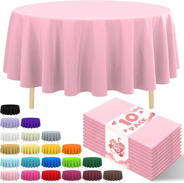 Main image of 10 Pack Premium Disposable Plastic Tablecloth 84" Round Table Cover for Birthdays Weddings Christmas Anniversary Buffet Table (Pink)