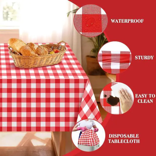 Alt view image 4 of 7 - DaiUni 4 Pack Red and White Gingham Tablecloths Disposable, 54x108 Inch | Checkered Plastic Tablecloth, Waterproof Plaid Picnic Table Cover for Birthday Party, Baby Shower, Graduation, Christmas