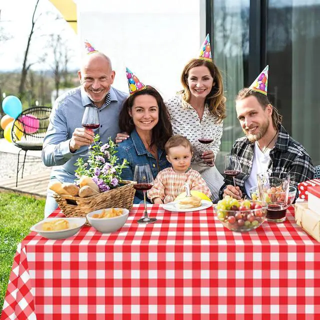 Alt view image 7 of 7 - DaiUni 4 Pack Red and White Gingham Tablecloths Disposable, 54x108 Inch | Checkered Plastic Tablecloth, Waterproof Plaid Picnic Table Cover for Birthday Party, Baby Shower, Graduation, Christmas