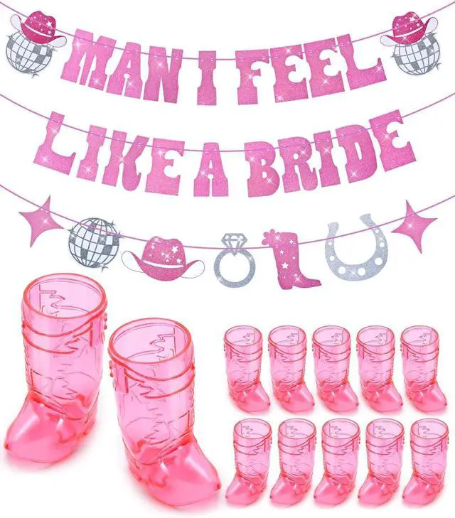 Main image of Cowgirl Bachelorette Party Decorations, 12 Boot Shot Glasses with Banner | Last rodeo bachelorette decorations with 12 pink 1 oz boot shot cups and a 6-7 ft Man I Feel Like a Bride banner