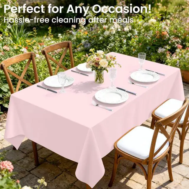 Alt view image 2 of 7 - LANLISA Pink Plastic Tablecloth Disposable, 4 Pack, 54 x 108 Inch | Rectangle Light Pink Table Cloth for Birthday Party Decorations, Valentines, Easter, Mothers Day, Baby Shower
