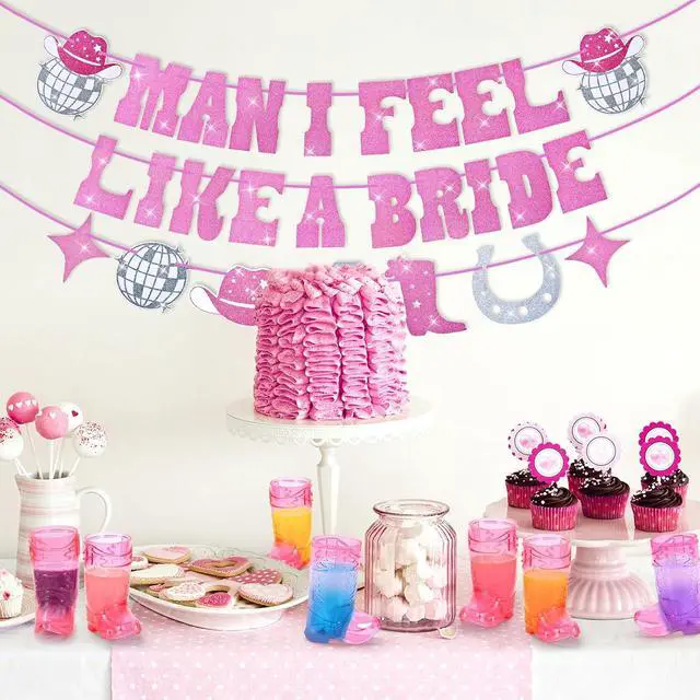 Alt view image 4 of 7 - Cowgirl Bachelorette Party Decorations, 12 Boot Shot Glasses with Banner | Last rodeo bachelorette decorations with 12 pink 1 oz boot shot cups and a 6-7 ft Man I Feel Like a Bride banner