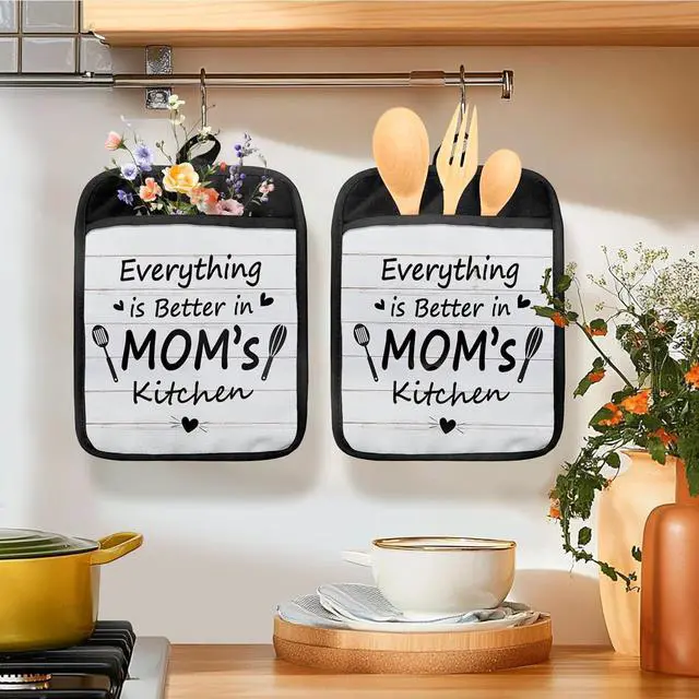 Alt view image 3 of 6 - Mom Gifts Oven Mitts Set, Best Mother's Day Birthday Gifts for Mother, Everything is Better in Mom's Kitchen Heat Resistant Kitchen Oven Gloves for Baking and Cooking,Pot Holders