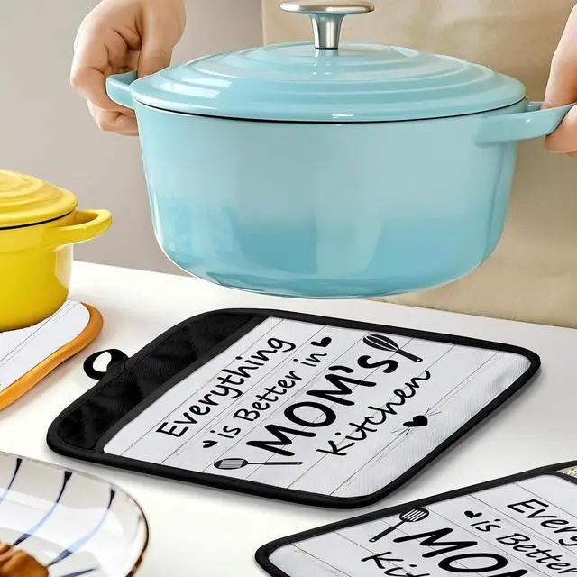 Alt view image 6 of 6 - Mom Gifts Oven Mitts Set, Best Mother's Day Birthday Gifts for Mother, Everything is Better in Mom's Kitchen Heat Resistant Kitchen Oven Gloves for Baking and Cooking,Pot Holders