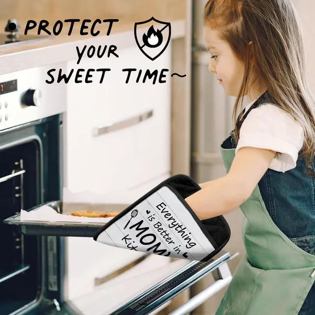 Alt view image 5 of 6 - Mom Gifts Oven Mitts Set, Best Mother's Day Birthday Gifts for Mother, Everything is Better in Mom's Kitchen Heat Resistant Kitchen Oven Gloves for Baking and Cooking,Pot Holders