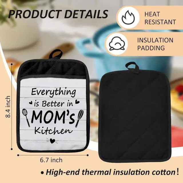 Alt view image 2 of 6 - Mom Gifts Oven Mitts Set, Best Mother's Day Birthday Gifts for Mother, Everything is Better in Mom's Kitchen Heat Resistant Kitchen Oven Gloves for Baking and Cooking,Pot Holders