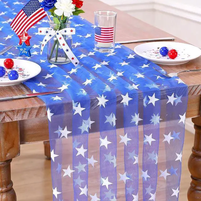 Main image of 10FT Patriotic Table Runner - 29x120 Inch 4th of July USA Stars Table Decorations Blue Gauze Table Runners for 250th Anniversary Independence Day Party Decor Dining Outdoor Memorial Day Accessories