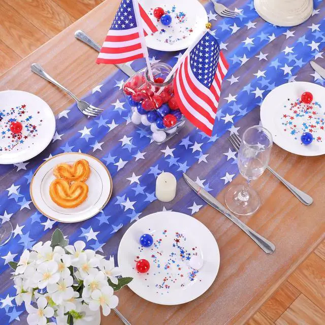 Alt view image 2 of 7 - 10FT Patriotic Table Runner - 29x120 Inch 4th of July USA Stars Table Decorations Blue Gauze Table Runners for 250th Anniversary Independence Day Party Decor Dining Outdoor Memorial Day Accessories