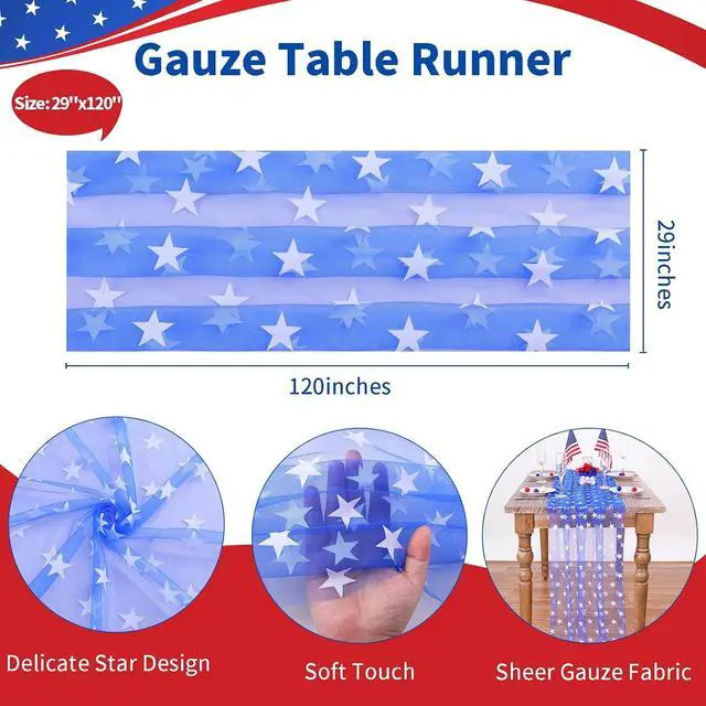 Alt view image 4 of 7 - 10FT Patriotic Table Runner - 29x120 Inch 4th of July USA Stars Table Decorations Blue Gauze Table Runners for 250th Anniversary Independence Day Party Decor Dining Outdoor Memorial Day Accessories