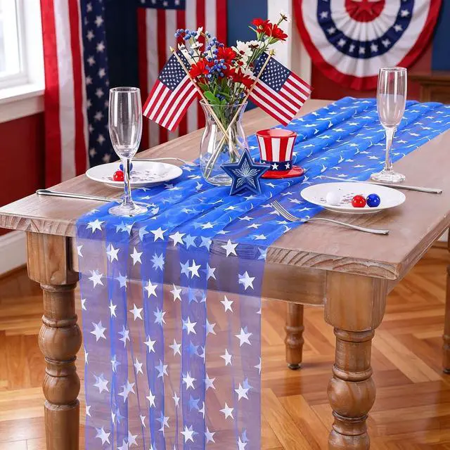Alt view image 5 of 7 - 10FT Patriotic Table Runner - 29x120 Inch 4th of July USA Stars Table Decorations Blue Gauze Table Runners for 250th Anniversary Independence Day Party Decor Dining Outdoor Memorial Day Accessories