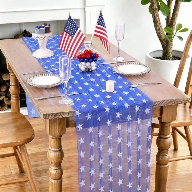 Alt view image 3 of 7 - 10FT Patriotic Table Runner - 29x120 Inch 4th of July USA Stars Table Decorations Blue Gauze Table Runners for 250th Anniversary Independence Day Party Decor Dining Outdoor Memorial Day Accessories