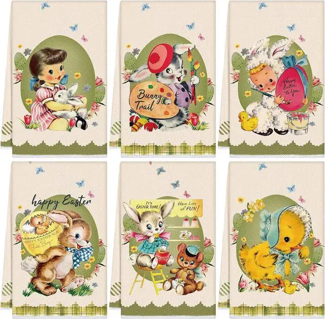 Main image of Patelai 6 Pack Vintage Easter Kitchen Towels Spring Hand Seasonal Cloth Tea Dish Towel Retro Retro Border Bunny Little Girl Chick Happy Easter Dishcloth Holiday Washcloths for Home