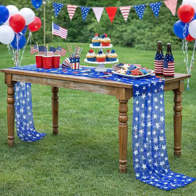 Alt view image 6 of 7 - 10FT Patriotic Table Runner - 29x120 Inch 4th of July USA Stars Table Decorations Blue Gauze Table Runners for 250th Anniversary Independence Day Party Decor Dining Outdoor Memorial Day Accessories