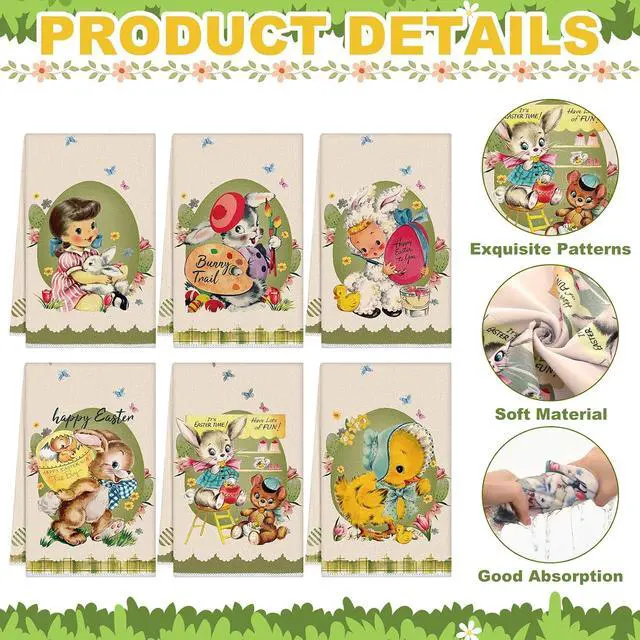 Alt view image 3 of 7 - Patelai 6 Pack Vintage Easter Kitchen Towels Spring Hand Seasonal Cloth Tea Dish Towel Retro Retro Border Bunny Little Girl Chick Happy Easter Dishcloth Holiday Washcloths for Home