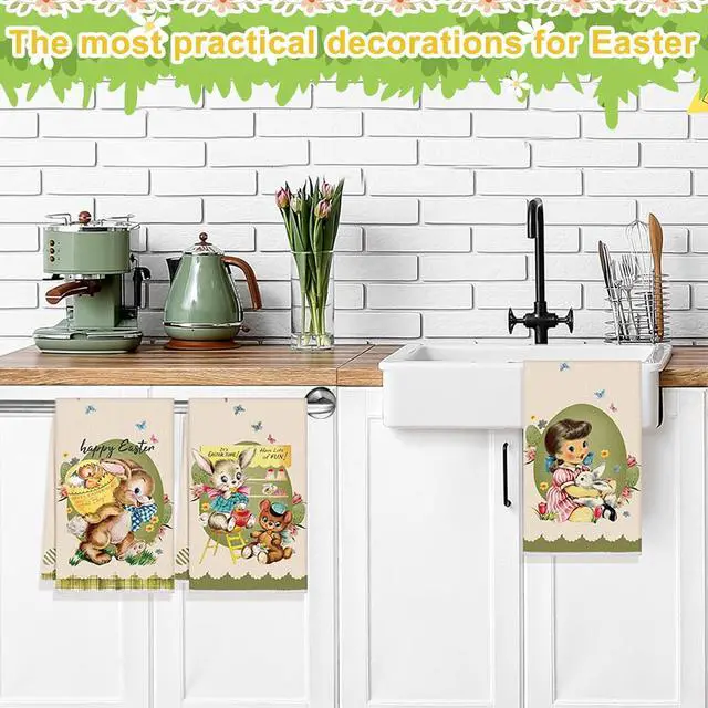 Alt view image 4 of 7 - Patelai 6 Pack Vintage Easter Kitchen Towels Spring Hand Seasonal Cloth Tea Dish Towel Retro Retro Border Bunny Little Girl Chick Happy Easter Dishcloth Holiday Washcloths for Home