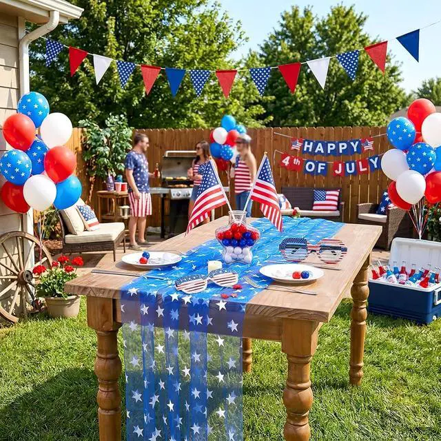 Alt view image 7 of 7 - 10FT Patriotic Table Runner - 29x120 Inch 4th of July USA Stars Table Decorations Blue Gauze Table Runners for 250th Anniversary Independence Day Party Decor Dining Outdoor Memorial Day Accessories