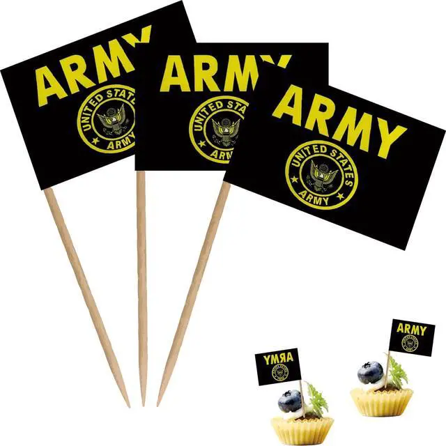 Main image of US Army Gold Crest Toothpick Flag Small Mini United States Military Cocktail Fruit Cupcakes Toppers Food Stick Flags Decorations,100 Pack