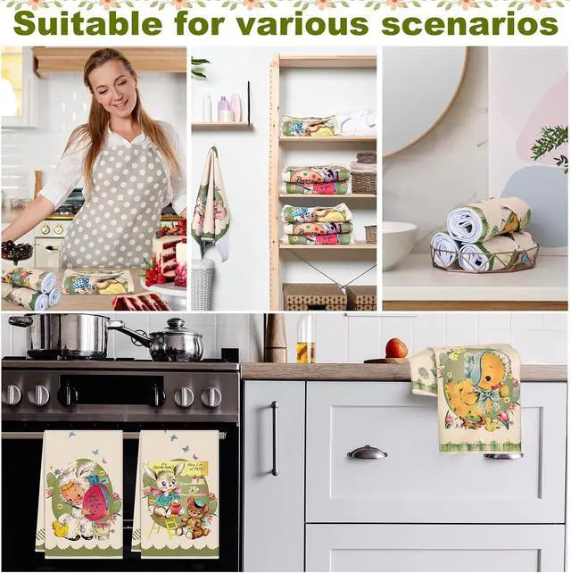 Alt view image 6 of 7 - Patelai 6 Pack Vintage Easter Kitchen Towels Spring Hand Seasonal Cloth Tea Dish Towel Retro Retro Border Bunny Little Girl Chick Happy Easter Dishcloth Holiday Washcloths for Home