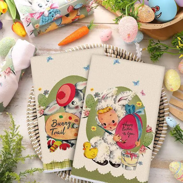 Alt view image 7 of 7 - Patelai 6 Pack Vintage Easter Kitchen Towels Spring Hand Seasonal Cloth Tea Dish Towel Retro Retro Border Bunny Little Girl Chick Happy Easter Dishcloth Holiday Washcloths for Home