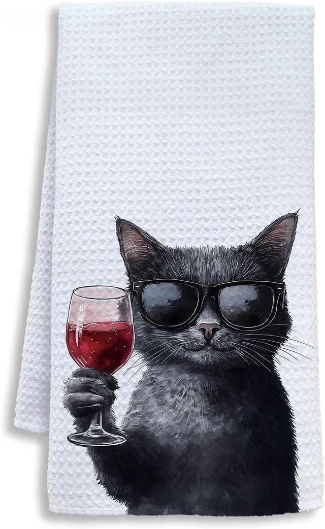 Main image of Funny Black Cat Wine Kitchen Towels, Black Cat Gifts Dish Tea Towels for Kitchen Bar Cart, Wine Lover Gifts for Women Men Decorative Hand Towel, 16x24 Inch