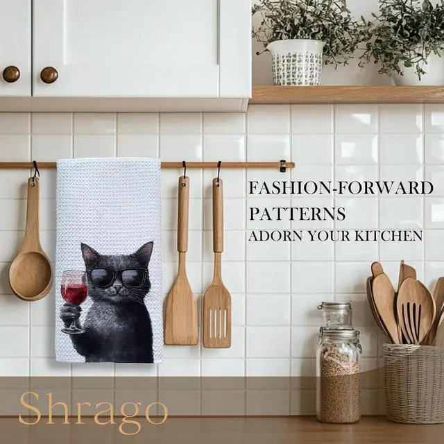 Alt view image 2 of 7 - Funny Black Cat Wine Kitchen Towels, Black Cat Gifts Dish Tea Towels for Kitchen Bar Cart, Wine Lover Gifts for Women Men Decorative Hand Towel, 16x24 Inch