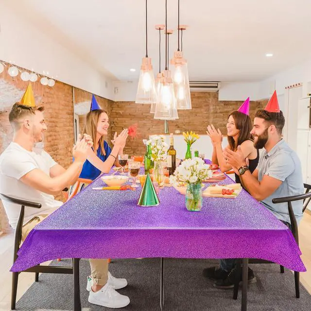 Alt view image 3 of 7 - Just Shimmer Sparkling Holographic Laser Tablecloth - Shimmering, Waterproof, Easy to Clean - Ideal for Bachelorette, Birthday, Wedding, and Anniversary Party Decorations (Purple, 1)