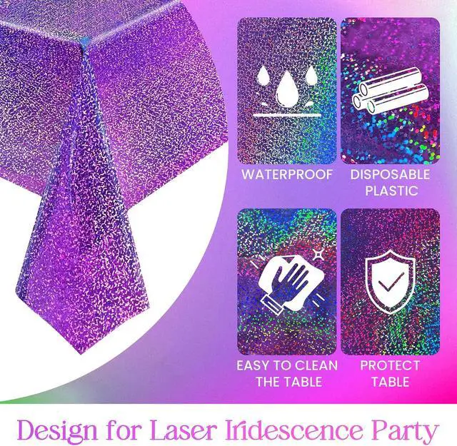 Alt view image 5 of 7 - Just Shimmer Sparkling Holographic Laser Tablecloth - Shimmering, Waterproof, Easy to Clean - Ideal for Bachelorette, Birthday, Wedding, and Anniversary Party Decorations (Purple, 1)
