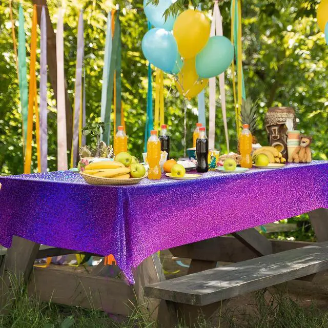 Alt view image 6 of 7 - Just Shimmer Sparkling Holographic Laser Tablecloth - Shimmering, Waterproof, Easy to Clean - Ideal for Bachelorette, Birthday, Wedding, and Anniversary Party Decorations (Purple, 1)