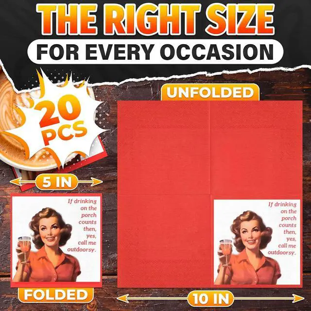 Alt view image 2 of 7 - 20-Pack Funny Cocktail Napkins, 3-Ply, 5" Folded (Vintage Red) | Absorbent Retro Cocktail Napkins with Funny Sayings; Conversation Starters for Bachelorette Parties, Bridal Showers & Brunch