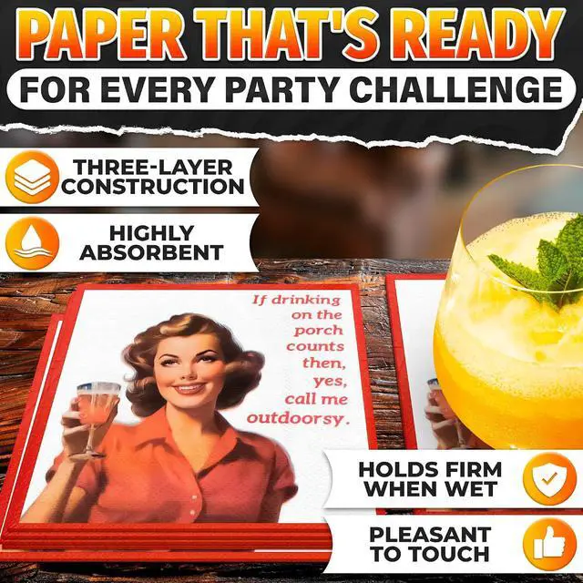 Alt view image 3 of 7 - 20-Pack Funny Cocktail Napkins, 3-Ply, 5" Folded (Vintage Red) | Absorbent Retro Cocktail Napkins with Funny Sayings; Conversation Starters for Bachelorette Parties, Bridal Showers & Brunch