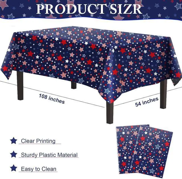 Alt view image 2 of 7 - 4th of July Tablecloth Plastic 54x108 Inch, 2 Pack Disposable Independence Day Navy Blue Table Cover, Star Rectangle Patriotic Table Cloth for Fourth July Memorial Day Decor Decoration