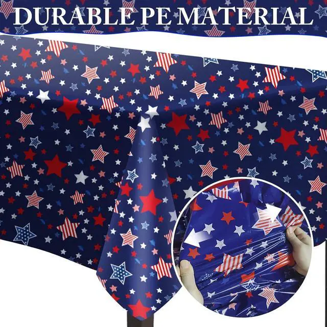 Alt view image 3 of 7 - 4th of July Tablecloth Plastic 54x108 Inch, 2 Pack Disposable Independence Day Navy Blue Table Cover, Star Rectangle Patriotic Table Cloth for Fourth July Memorial Day Decor Decoration