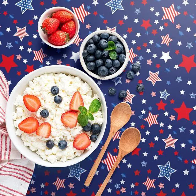 Alt view image 5 of 7 - 4th of July Tablecloth Plastic 54x108 Inch, 2 Pack Disposable Independence Day Navy Blue Table Cover, Star Rectangle Patriotic Table Cloth for Fourth July Memorial Day Decor Decoration
