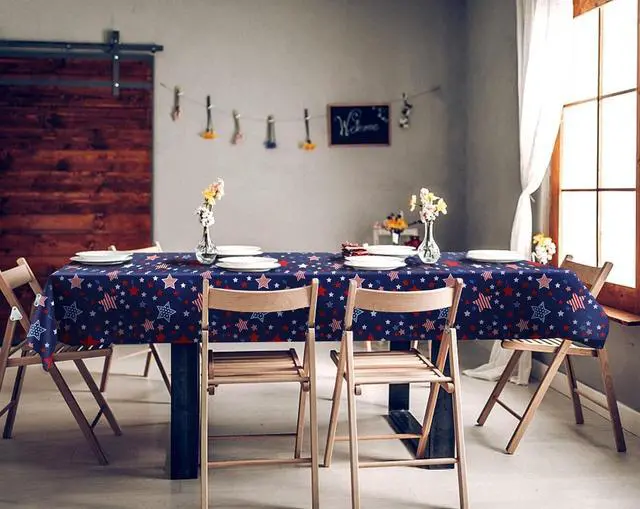 Alt view image 6 of 7 - 4th of July Tablecloth Plastic 54x108 Inch, 2 Pack Disposable Independence Day Navy Blue Table Cover, Star Rectangle Patriotic Table Cloth for Fourth July Memorial Day Decor Decoration