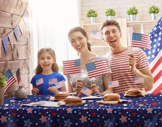 Alt view image 7 of 7 - 4th of July Tablecloth Plastic 54x108 Inch, 2 Pack Disposable Independence Day Navy Blue Table Cover, Star Rectangle Patriotic Table Cloth for Fourth July Memorial Day Decor Decoration