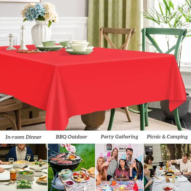 Alt view image 3 of 7 - Mulbozy 2 Pcs Red Plastic Tablecloth for Rectangle Table, 54 × 108 inches Disposable Red Party Table Covers for Birthday, Anniversary, Wedding, Fine Dining, Graduation Party Decoration