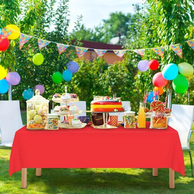 Alt view image 4 of 7 - Mulbozy 2 Pcs Red Plastic Tablecloth for Rectangle Table, 54 × 108 inches Disposable Red Party Table Covers for Birthday, Anniversary, Wedding, Fine Dining, Graduation Party Decoration