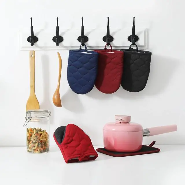Alt view image 4 of 4 - Glynniss Heat Resistant Mini Oven Mitts, 2 Pcs of Short Silicone Oven Mits, Non-Slip Grip Surfaces Kitchen Gloves for Cooking, Machine Washable with Hanging Loops Oven Gloves (5.5x7 inches, Wine)
