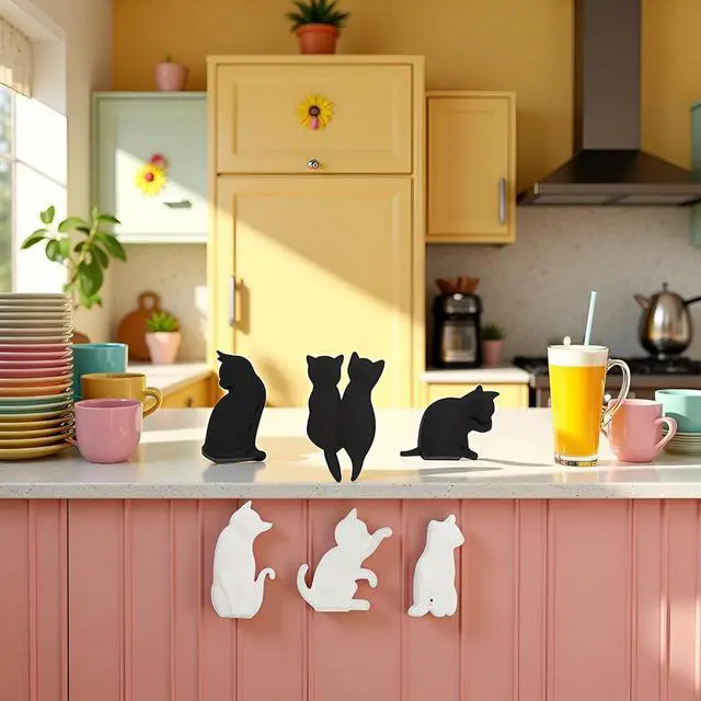 Alt view image 3 of 7 - 6Pcs Black and White Heat-Resistant Silicone Tea Bag Clips Set - Cartoon Cat-Shaped Reusable Holders for Drinks, Food Markers, Squeezer, and Accessories