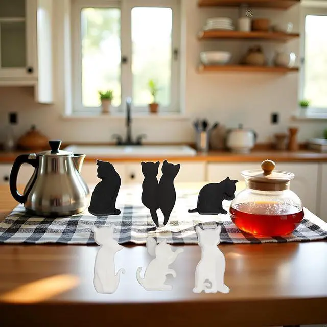Alt view image 5 of 7 - 6Pcs Black and White Heat-Resistant Silicone Tea Bag Clips Set - Cartoon Cat-Shaped Reusable Holders for Drinks, Food Markers, Squeezer, and Accessories