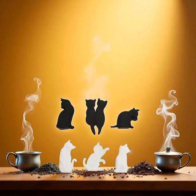 Alt view image 4 of 7 - 6Pcs Black and White Heat-Resistant Silicone Tea Bag Clips Set - Cartoon Cat-Shaped Reusable Holders for Drinks, Food Markers, Squeezer, and Accessories
