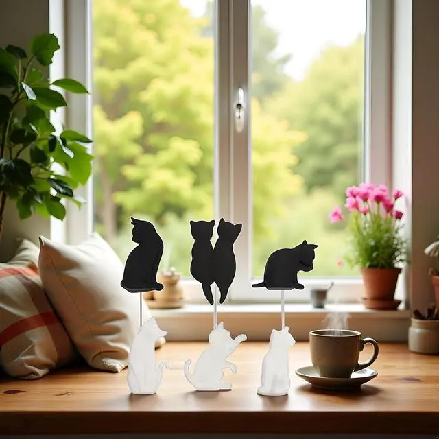 Alt view image 6 of 7 - 6Pcs Black and White Heat-Resistant Silicone Tea Bag Clips Set - Cartoon Cat-Shaped Reusable Holders for Drinks, Food Markers, Squeezer, and Accessories