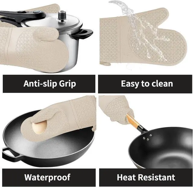Alt view image 4 of 7 - Hovico Silicone Oven Mitts, Heat Resistant 500F Kitchen Mitts 2PCS, 11.6" BPA-Free Soft Baking Gloves, Non-Slip Grip Oven Gloves with Soft Cotton Lining for Kitchen Cooking Baking BBQ - Apricot