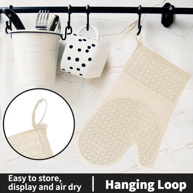 Alt view image 6 of 7 - Hovico Silicone Oven Mitts, Heat Resistant 500F Kitchen Mitts 2PCS, 11.6" BPA-Free Soft Baking Gloves, Non-Slip Grip Oven Gloves with Soft Cotton Lining for Kitchen Cooking Baking BBQ - Apricot