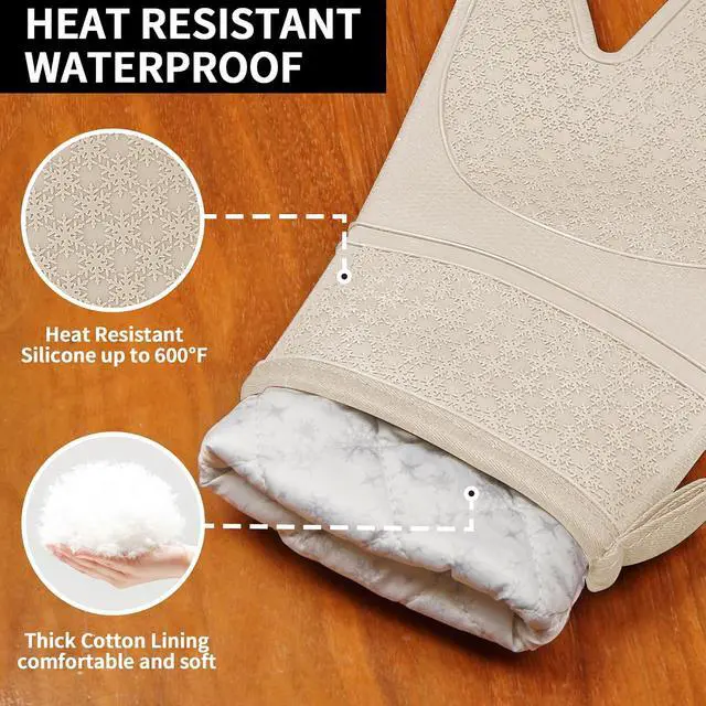 Alt view image 3 of 7 - Hovico Silicone Oven Mitts, Heat Resistant 500F Kitchen Mitts 2PCS, 11.6" BPA-Free Soft Baking Gloves, Non-Slip Grip Oven Gloves with Soft Cotton Lining for Kitchen Cooking Baking BBQ - Apricot