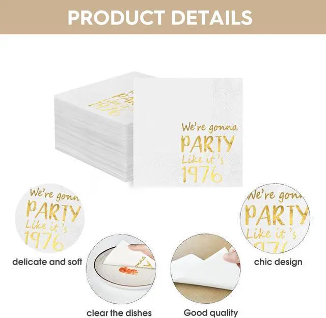Alt view image 5 of 6 - 50th Birthday Cocktail Napkins, We're Gonna Party Like It's 1976, 100pcs | Party Dinner Lunch Kitchen Anniversary Decoration, Disposable Decorative Guest Hand Towels