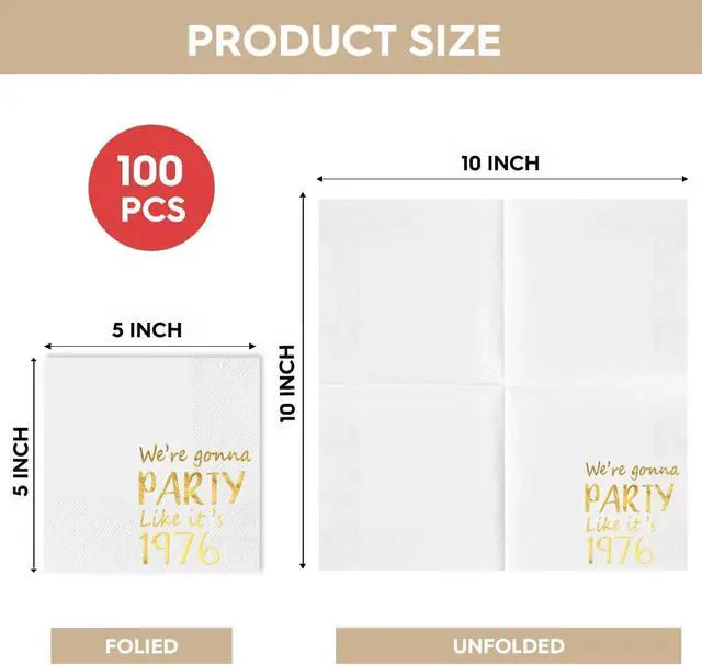 Alt view image 6 of 6 - 50th Birthday Cocktail Napkins, We're Gonna Party Like It's 1976, 100pcs | Party Dinner Lunch Kitchen Anniversary Decoration, Disposable Decorative Guest Hand Towels
