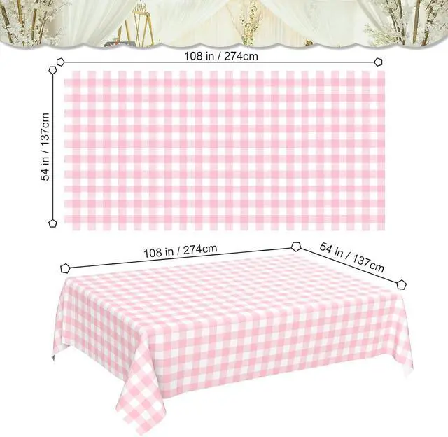 Alt view image 4 of 7 - 2 Pcs Pink Gingham Tablecloth, Disposable Plastic Pink Checkered Table Cloth, Pink & White Plaid Table Cover for Outdoor Picnic, Wedding, Baby & Bridal Shower, Birthday Party (54 x 108 Inch)